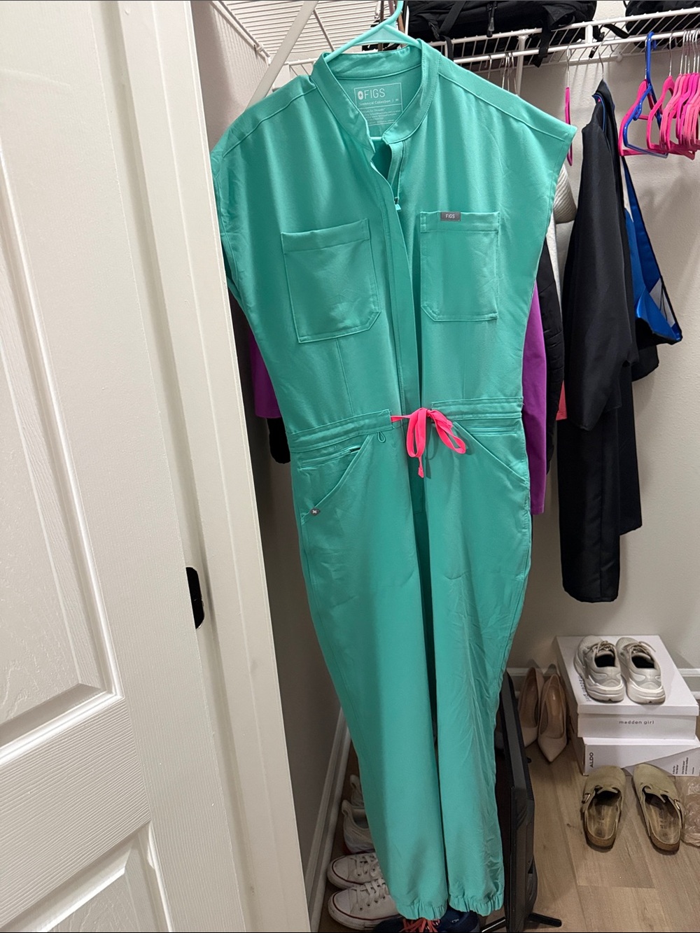 Figs One-Piece Romper in Teal with Pink Drawstring